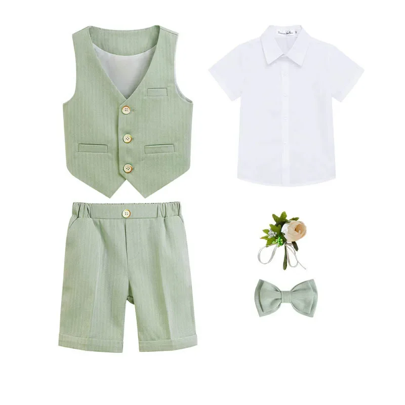 Boys Birthday Wedding Party Dress Children Summer Green Baptism Photography Suit Kids Vest Shirt Shorts Bowtie Ceremony Costume