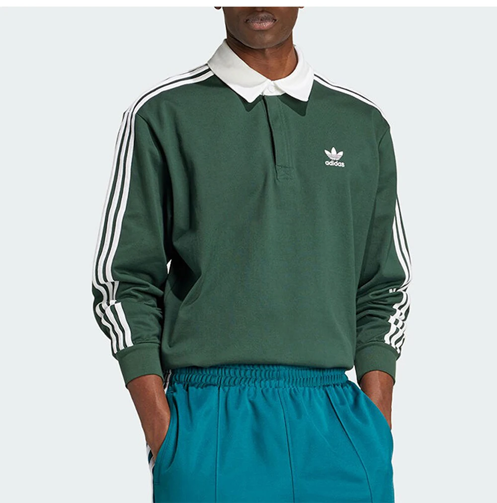 

Adidas Originals Men's Dark Green Long - Sleeve Polo Shirt and Teal Track Pants for Casual and Sports Wear