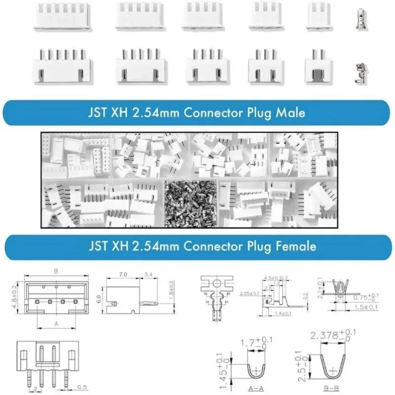 500PCS 2/3/4/5/6 Pin Connector Housing JST-XH Adapter Pin Header Cable Connector Socket Kit 2.54mm Female Plug Socket Connector