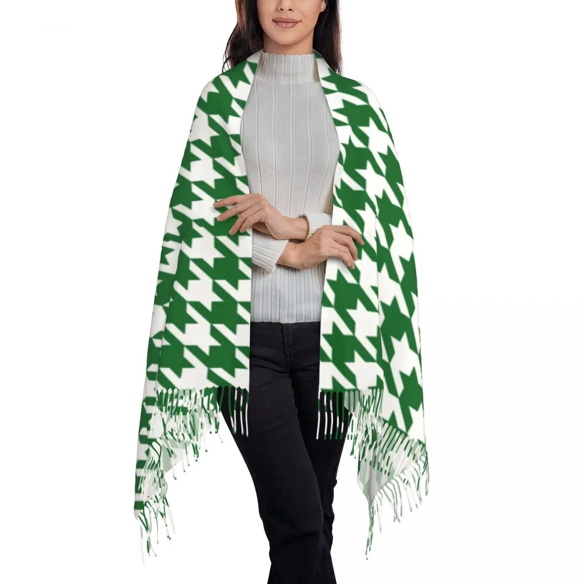 Green Houndstooth Geometric Scarf Wrap for Women Long Winter Warm Tassel Shawl Unisex Classic Retro Scarves