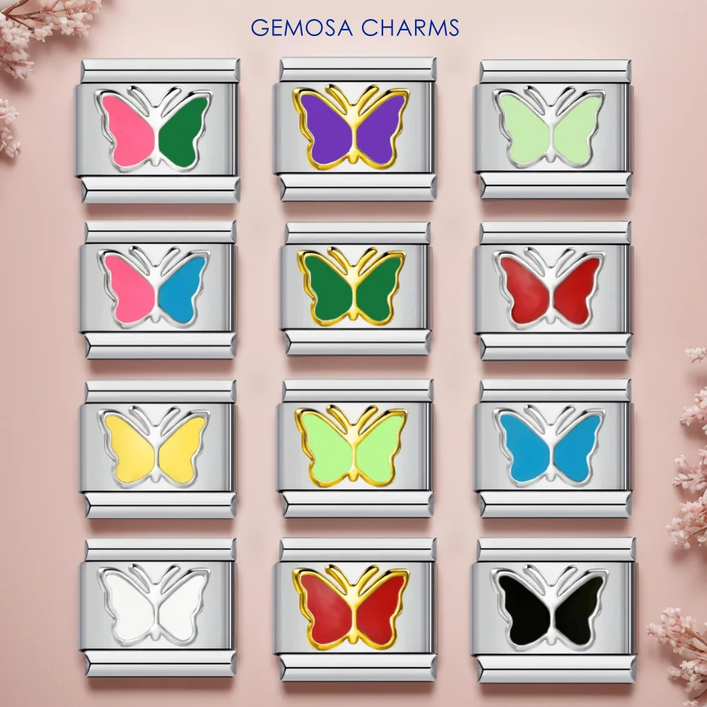 GEMOSA Wholesale Indirect Color Red Purple Blue Powder Butterfly Stainless Steel Charm Link Italian Fit 9mm Jewelry DIY Bracelet