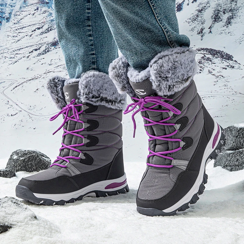 Women\'s Winter Waterproof Snow Boots Outdoor Men and Women Plush Cotton Boots Fur Lined Lace-up Ski Hiking Boots