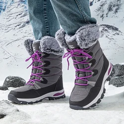 Women's Winter Waterproof Snow Boots Outdoor Men and Women Plush Cotton Boots Fur Lined Lace-up Ski Hiking Boots