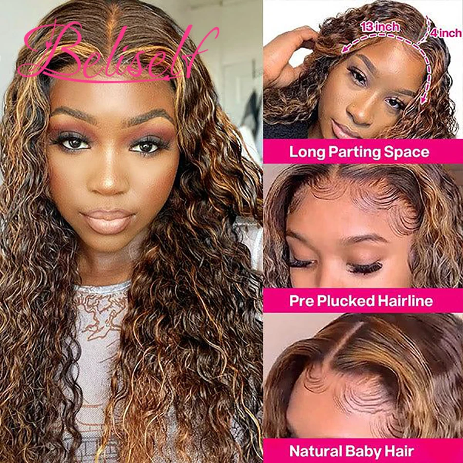 4/27 Highlight Deep Wave Lace front wig Curly human hair wigs Colored 13x4/13x6 Transparent lace Frontal Wig for women Beliself