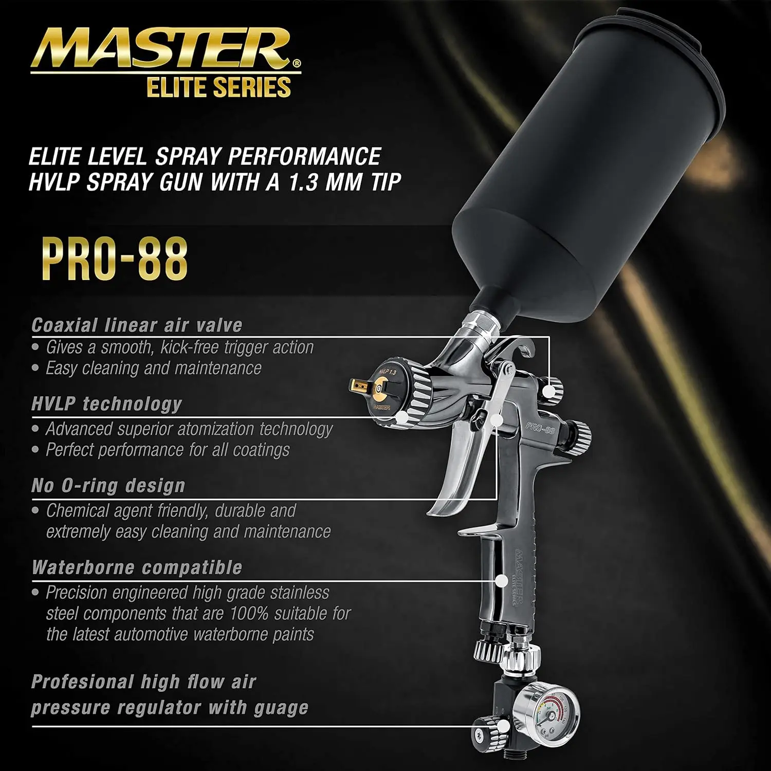 Elite Performance PRO-88 Series HVLP Spray Gun with 1.3mm Tip with Air Pressure Regulator Gauge, MPS Cup Adapter - Ideal for Aut