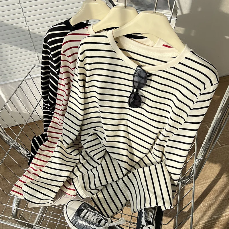 2024 New Women Spring Striped T Shirts Women O-Neck Long Sleeve Black White Color Tees Tops For Women Casual Clothes