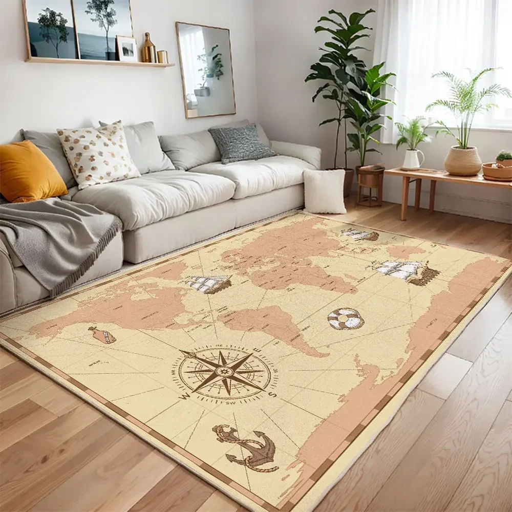 HD-Vintage World Map Area Rug with Ships and Anchors for Living Room Travel Decor