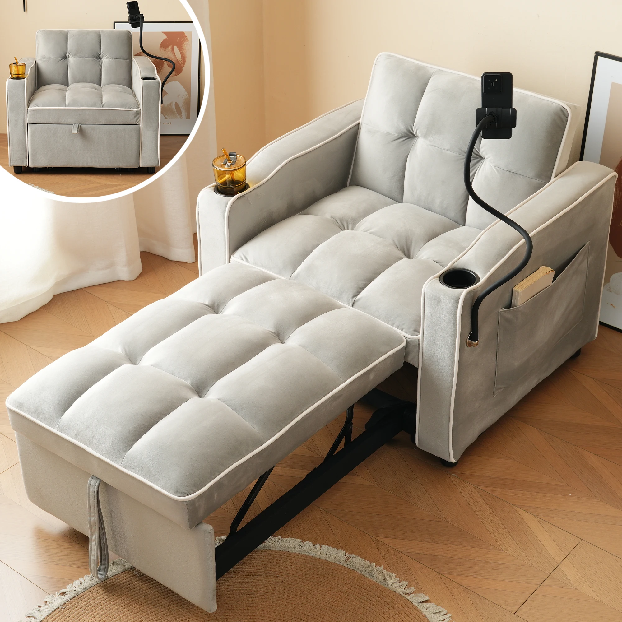 Merax 3 in 1 Extendable Single Sofa Bed with Cup Holder Cell Phone Holder