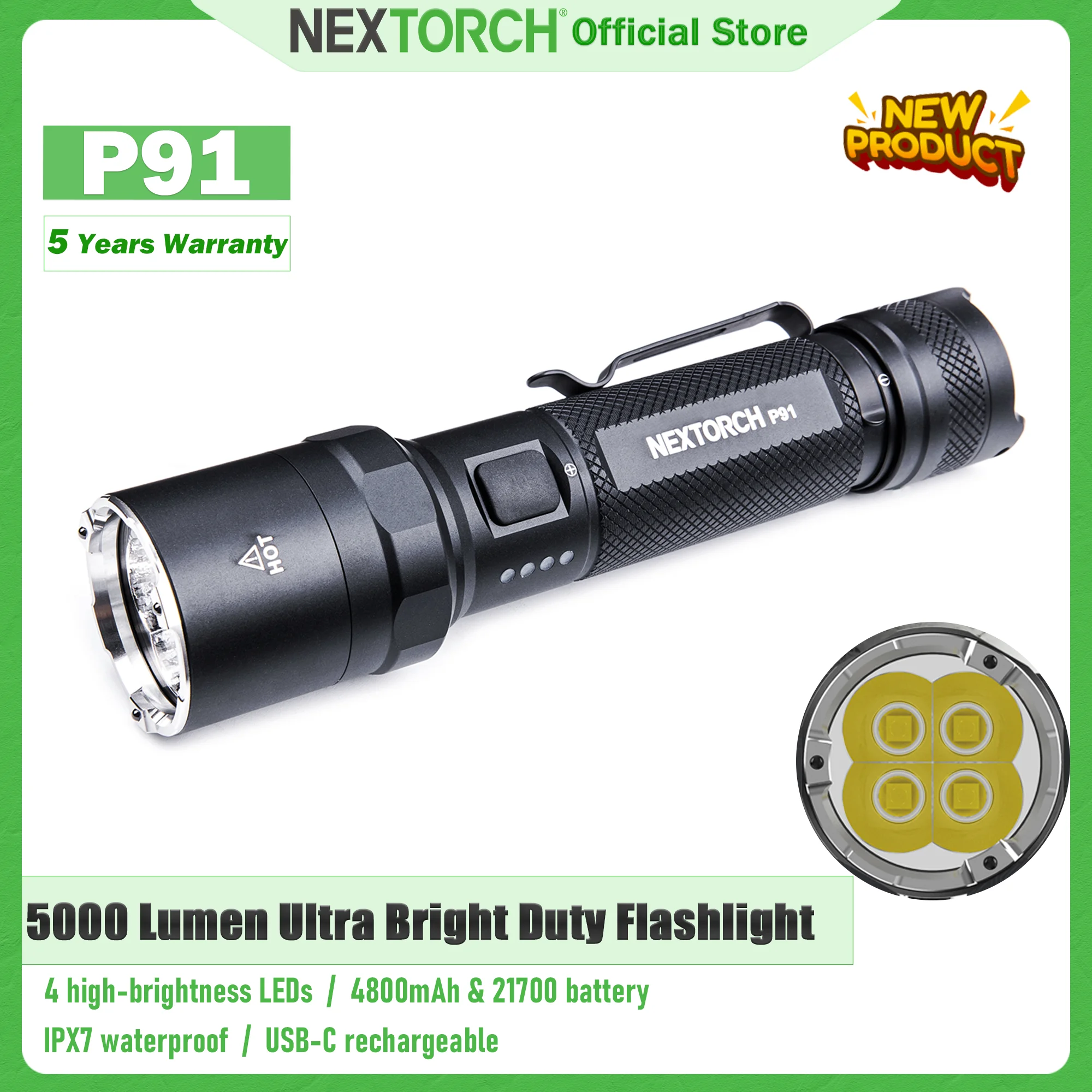 NEXTORCH P91 5000 lumen high brightness flashlight 4 LEDS Rechargeable tactical flashlight Built-in temperature control system