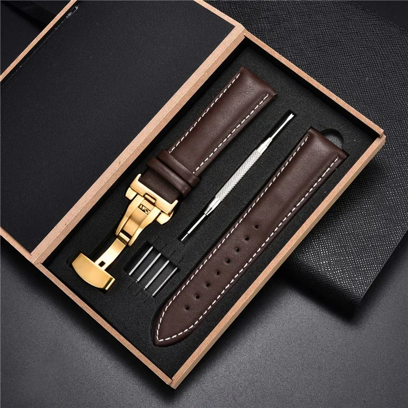 Echtes Lederarmband 18 mm 20 22 24 mm Uhrenarmband Automatische Schmetterlingsschnalle Herren- und Damen-Business-Armbanduhr mit Box-Handgelenkgürtel