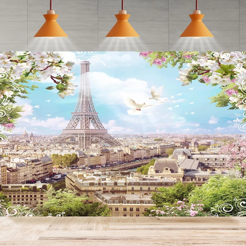 Paris Eiffel Tower Photography Backdrop Spring Scenery White Pink Flowers Trees Birds City View Background Party Backdrop Wall