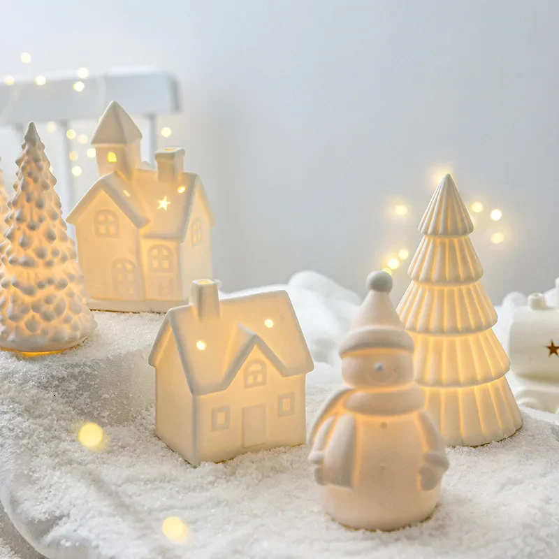 

Nordic Creative Ceramic Christmas Tree Desktop Ornaments Glowing Christmas Little House Christmas Snowman Christmas Gift
