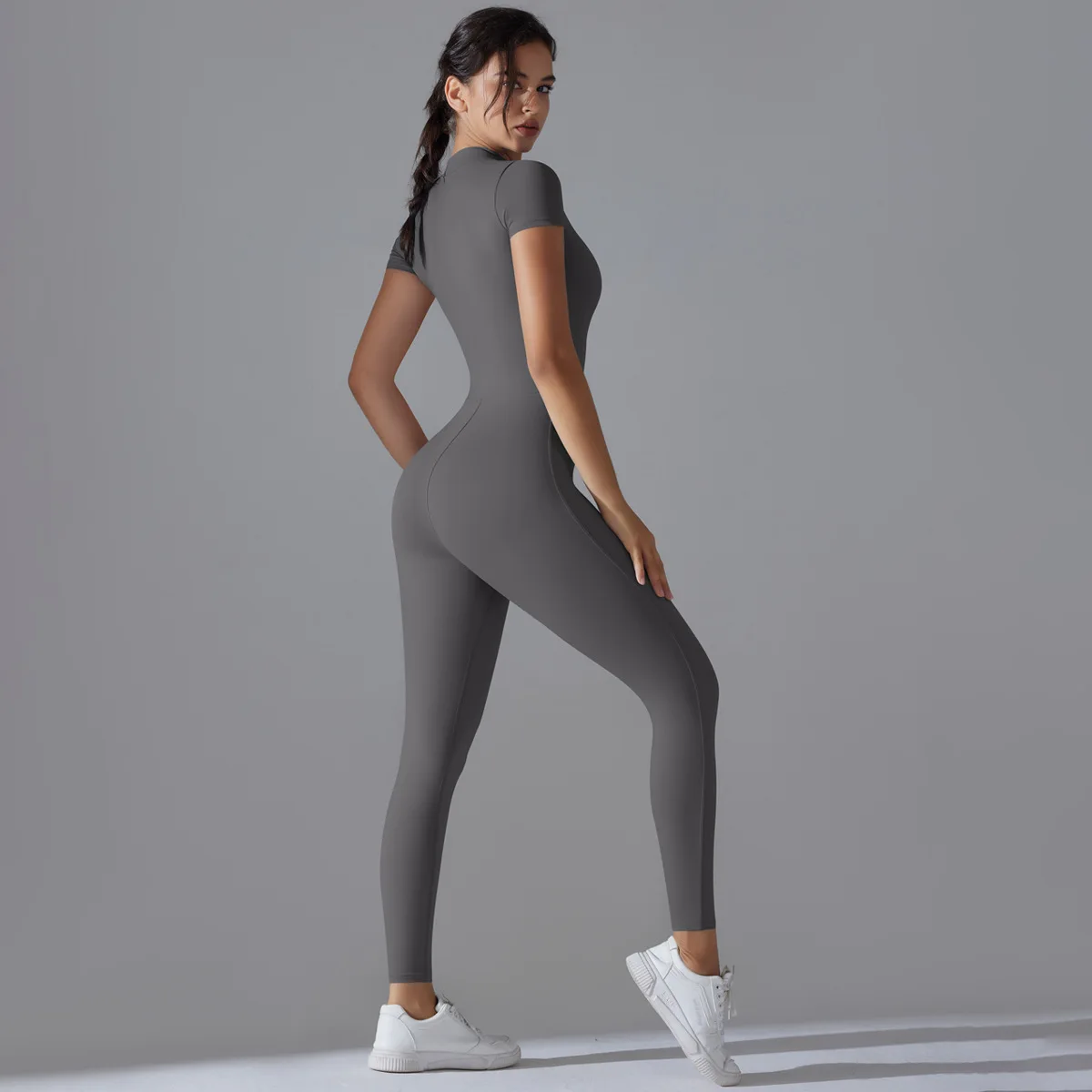 zipper tight fitting high elasticity short sleeved jumpsuit for sports, fitness, running, nine point jumpsuit pants, yoga suit