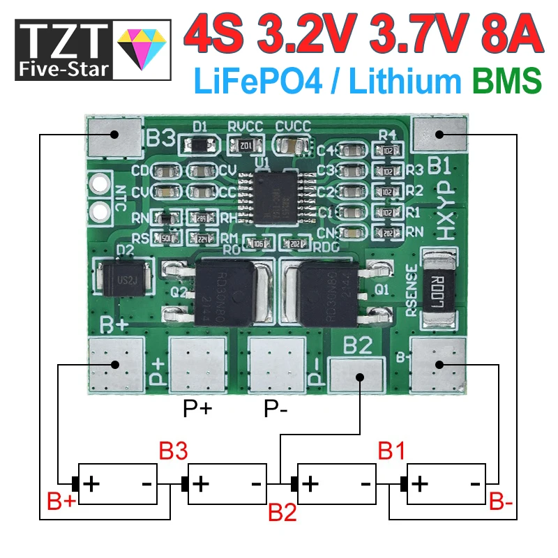 BMS 4S 3.2V 3.7V 8A LiFePO4 / Lithium Battery Charge Protection Board 12.8V 14.4V 18650 32650 Battery Packs 20A Current Limit