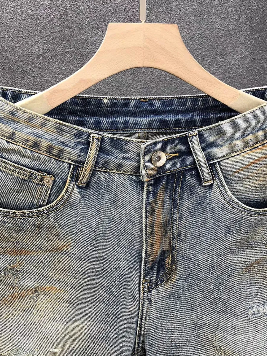 Calças Jeans Masculinas Estilo Deserto Americano Retrô, orts de Perna Reta, Desgastados, dos, com Furos, Denim, Casual,...