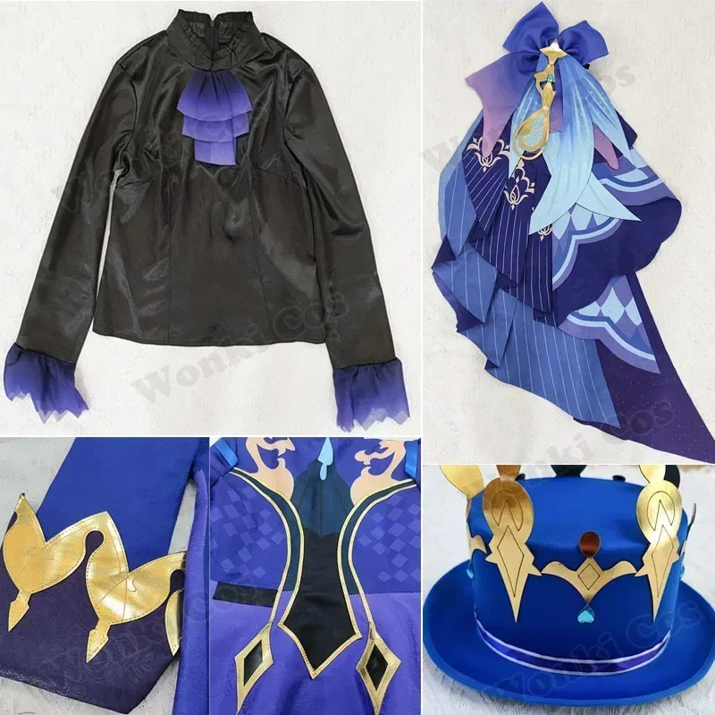 Furina disfraz de Cosplay, traje negro con sombrero de impacto, peluca, pelo, zapatos, fiesta