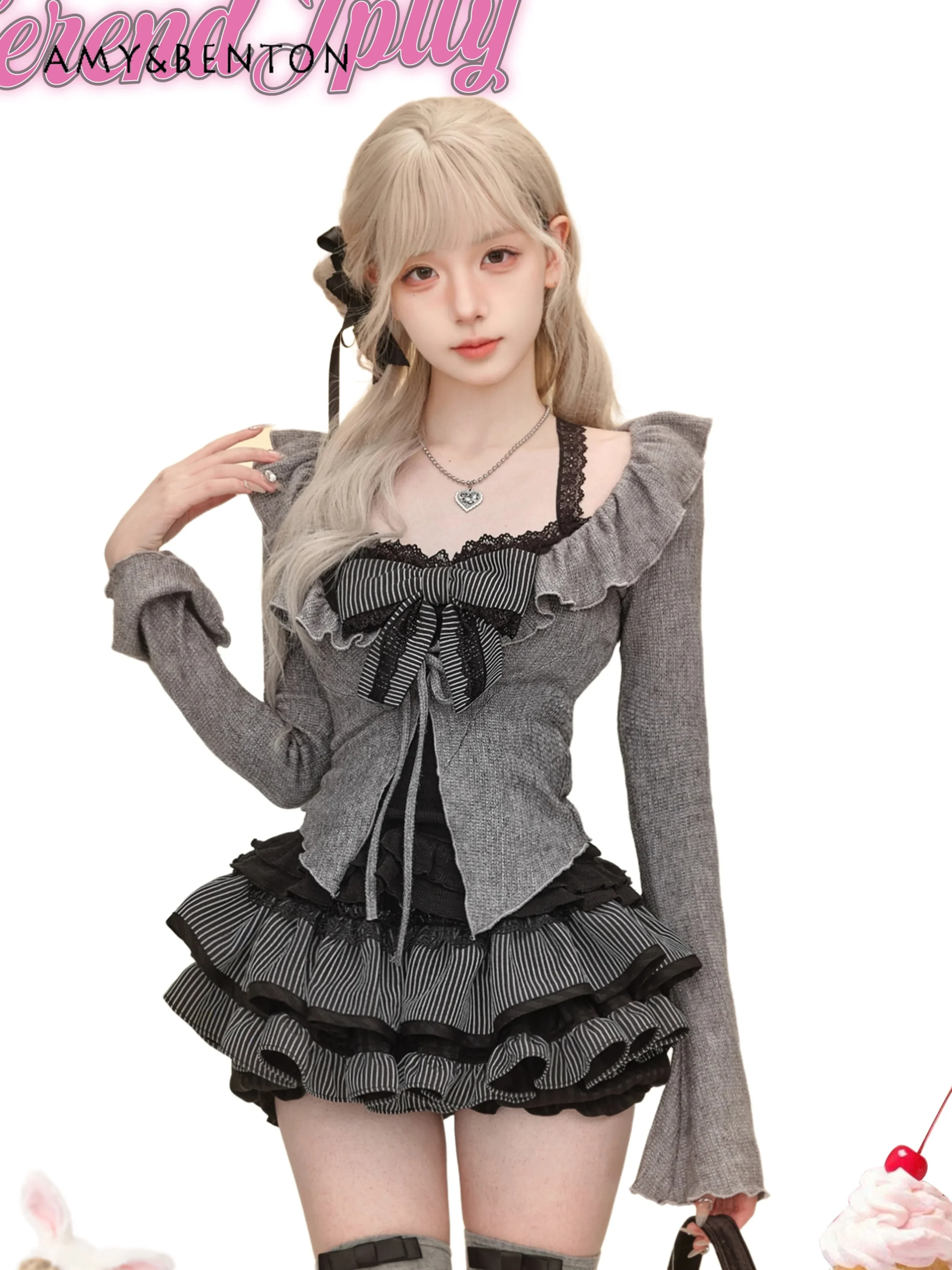 Hot Girl Y2K Black Lace Suspender + Ruffle Edge Long-sleeved Cardigan + High Waist Multi-layer Tutu Skirt Three-piece Set Autumn