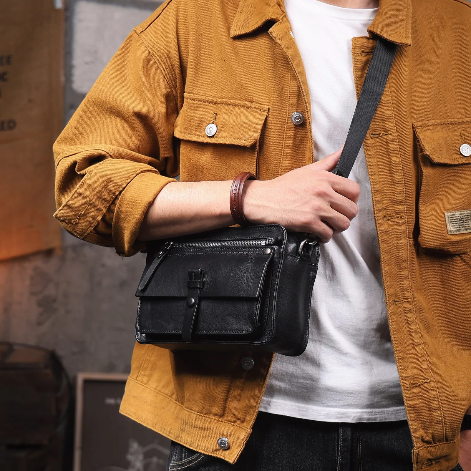 Vintage-Umhängetasche für Herren aus hochwertigem Rindsleder, modische Casual-Crossbody-Tasche, pflanzlich gegerbte Echtleder-Schultertasche – Detail 7