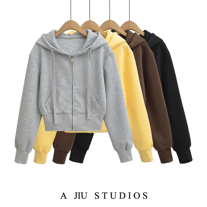 سترة بغطاء للرأس من American Sle Retro ort Jaet للسيدات للخريف مقاس صغير طويل Sve كاجوال فضفاض مفتوح من القطن والبوليستر #1