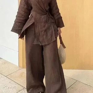 TRAFZA-Kimono بلوزة حزام كارديجان وبنطال مرتفع الخصر مطوي للنساء، طقم قميص بلون ساد، أزياء صيفية، كتان، 2 قطعة أفضل 12 بدلة رياضية نسائية للعشاري مبيعات - No5