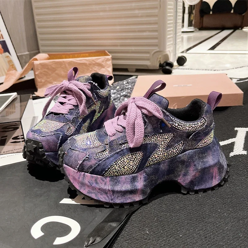 Women's Sneaker Crystal Platform High Heels Sport Shoes 2025 Autumn Luxury New Lace Up Running Hiking Shoes Casual Mujer Zapatos