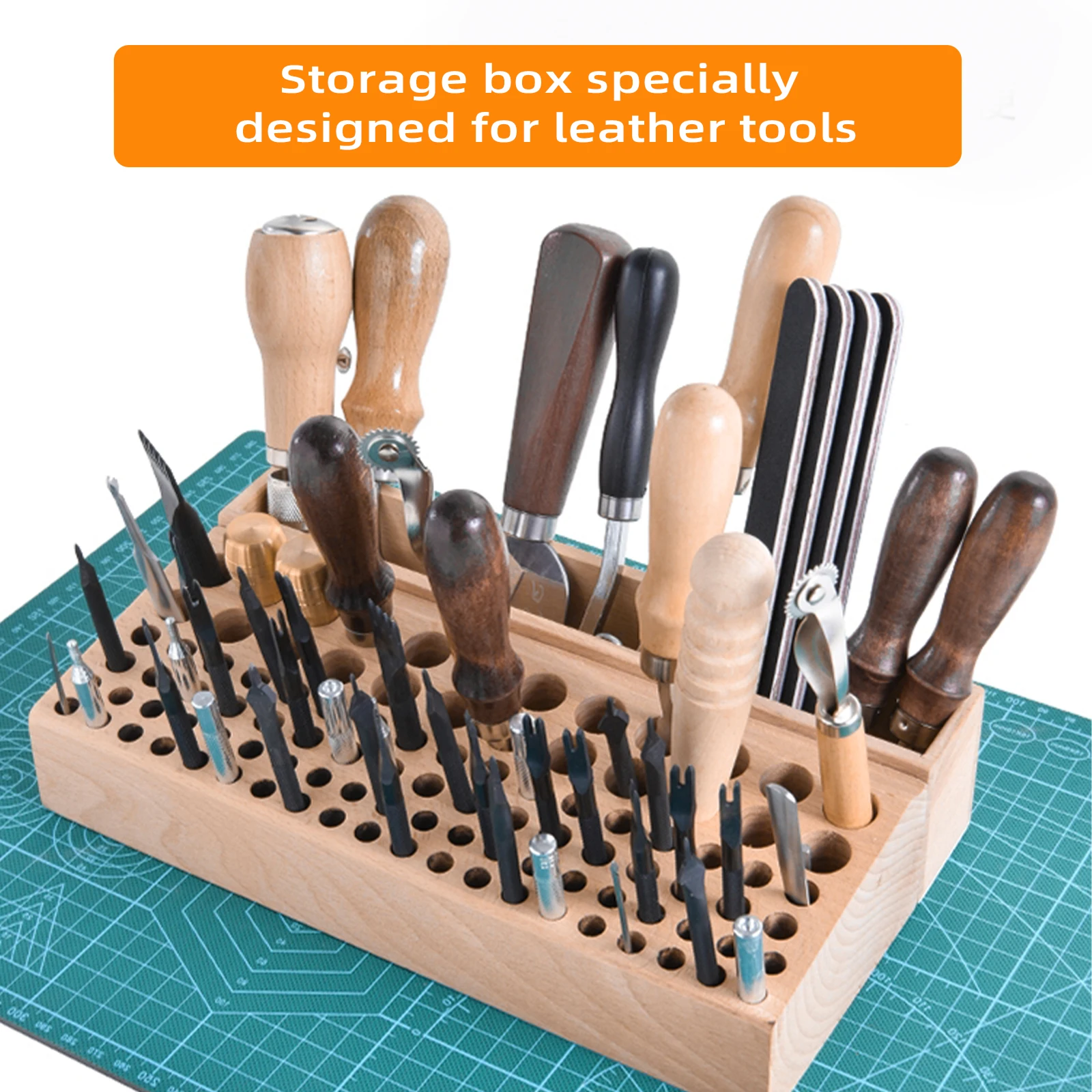 Imagem -02 - Handwork Tools Holder Box 98 Buracos Organizador Rack de Madeira para Artesanato em Couro Punches Stand Carving Drill Bits Storage