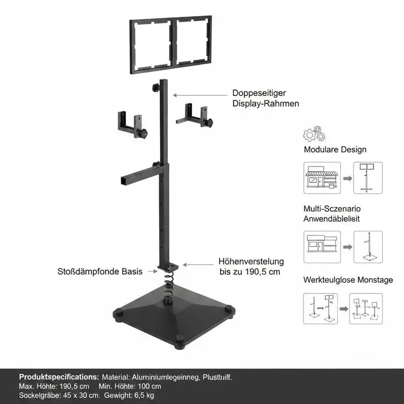 Poster stand, height adjustable up to 190.5 cm, double-sided, robust base sign holder, floor-standing sign holder, banner stand with shock-absorbing base for presentation, for blackboards