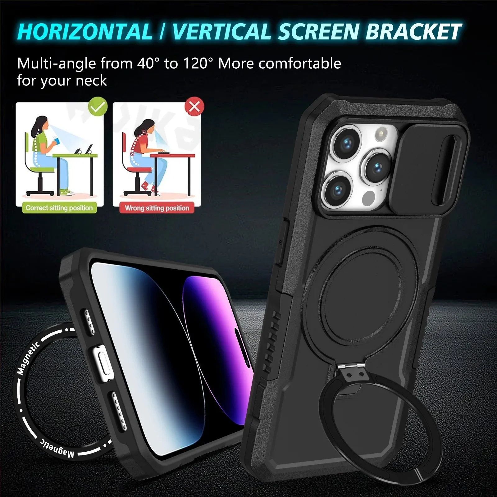 Case For iPhone 15 Pro Max 14 Pro 13 Pro 12 11 Magnetic Slide Camera Heavy Duty Shock Absorption Body Protective Kickstand Cover
