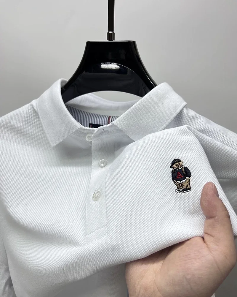 Fashion brand teddy bear embroidered short sleeve polo shirt high-end 100% pure cotton comfortable breathable men lapel T-shirt
