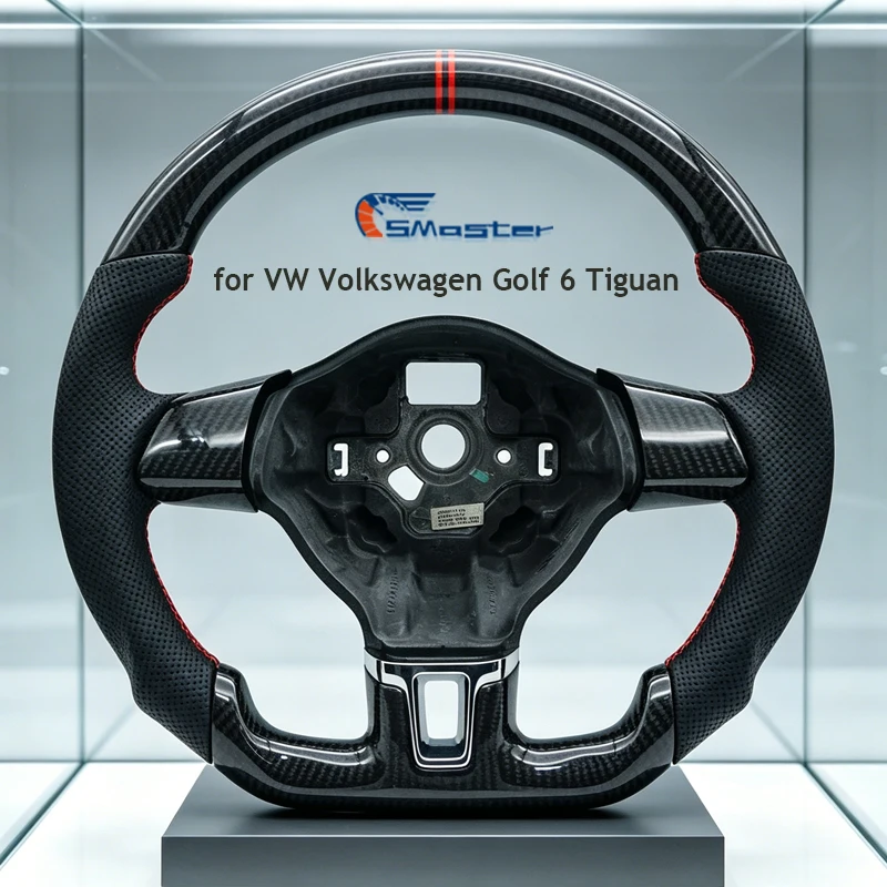 

for VW Volkswagen Golf 6 MK6 CC Tiguan Red Stripe Flat Bottom Carbon Fiber Steering Wheel Red Stitching Without Paddle Shifters