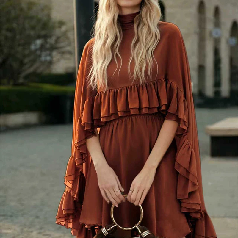 

Элегантный однотонный свободный комплект для отдыха: новая женская коллекция весна-лето, модные шифоновые топы с воротником-стойкой и платья-халтер