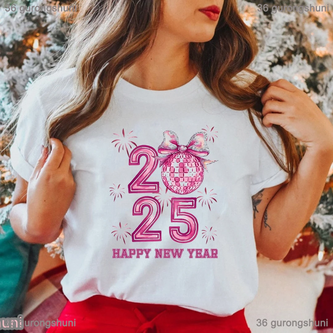 

Hello 2025 Happy New Year Graphic Printed Tshirt Girls Funny Summer Fashion T Shirt Women Harajuku Shirt White/Pink T-Shirt