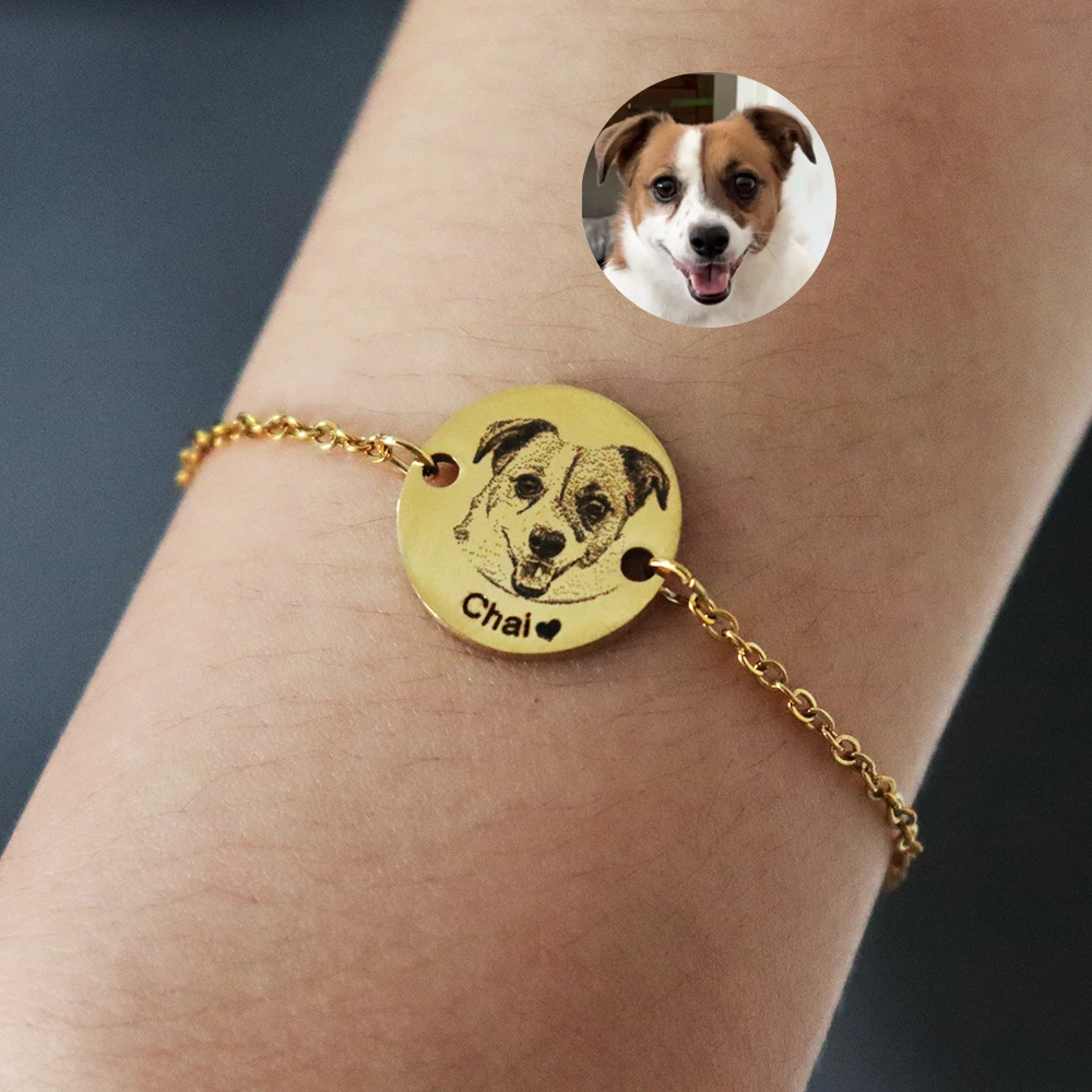 Personalisiertes Haustier-Porträt Rundes Armband aus Edelstahl mit Gravur von Katzenporträt oder Katzenpfotenabdruck, Haustier-Schmuck, Geschenk bei Haustierverlust, Haustiergeschenke