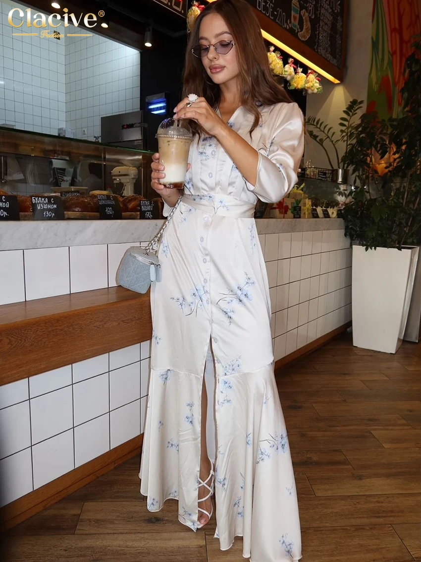 

Clacive Fashion Slim Print Women's Dress 2025 Casual V-Neck Long Sleeve Maxi Dresses Elegant Classic High Waist Feamle Dress