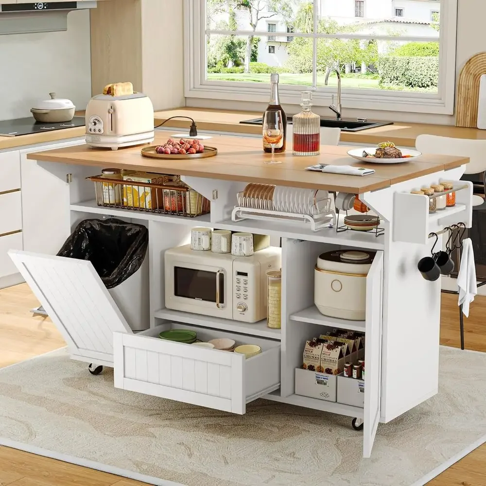 65-inch White Mobile Kitchen Island with Power Outlet, Drop Leaf, Trash Bin, Spice Rack, and Towel Hooks