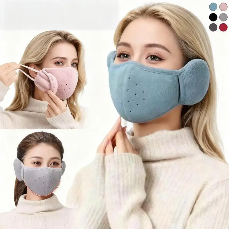2-in-1 Winter Thermal Mask with Ear Muffs, Breathable Ventilated Fleece Face Cover Ear Warmer for Cold Weather Outdoor Commuting