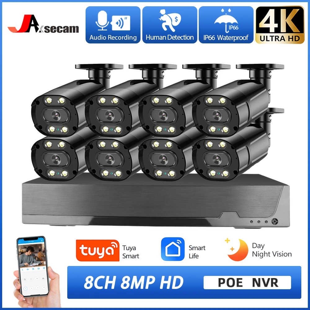 

Tuya 8CH 4K NVR 8MP 5MP POE Camera Security System Outdoor Audio Human Detect IP Camera CCTV Video Record Surveillance Kit H.265