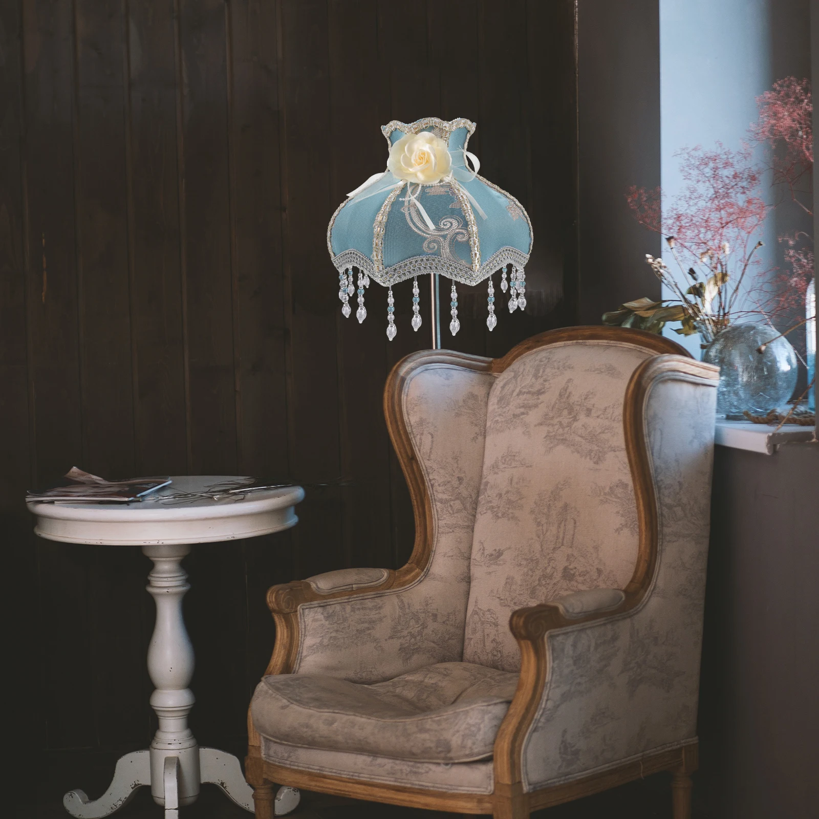 

Vintage Lampshade Style Large Lampshade Lace Fabric Table Lamp Shade Floral Replacement Beads Decoration Bedroom