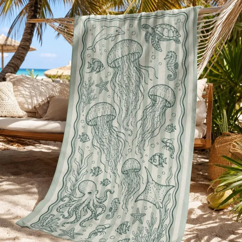 Vintage stripe border sea creature line drawing print  quick dry beach towel suitable for family poolside and beach activities