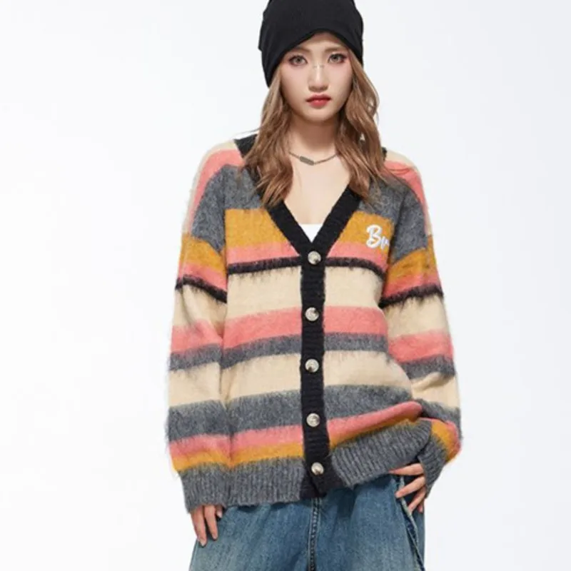 China-Chic Fashion 2024 Autumn New China-Chic Vintage Fashion Personality Stripe Design Casual Cardigan Long Sleeve Sweater S-XL