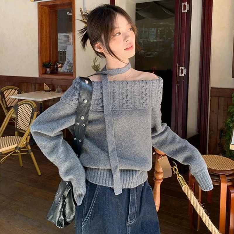الكورية بلون مثير مائل الرقبة المرأة عادية محبوك سترة ربيع الخريف موضة سليم صالح تنوعا البلوز القمم جديد #1