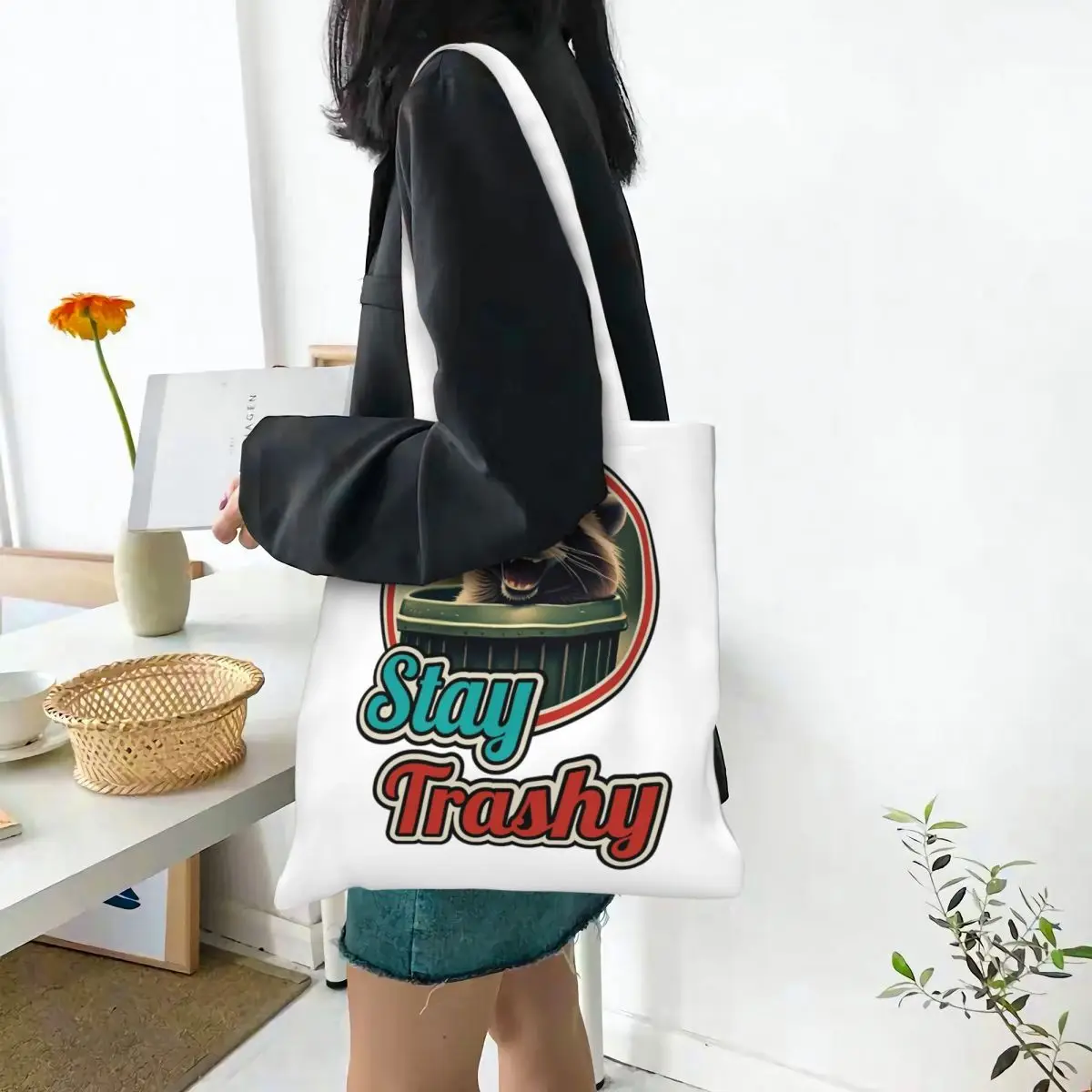 Sac fourre-tout en toile Stay Trashy pour femme, fourre-tout Happy Raccoon Lover Merch, poubelle, sacs d'épicerie, 03