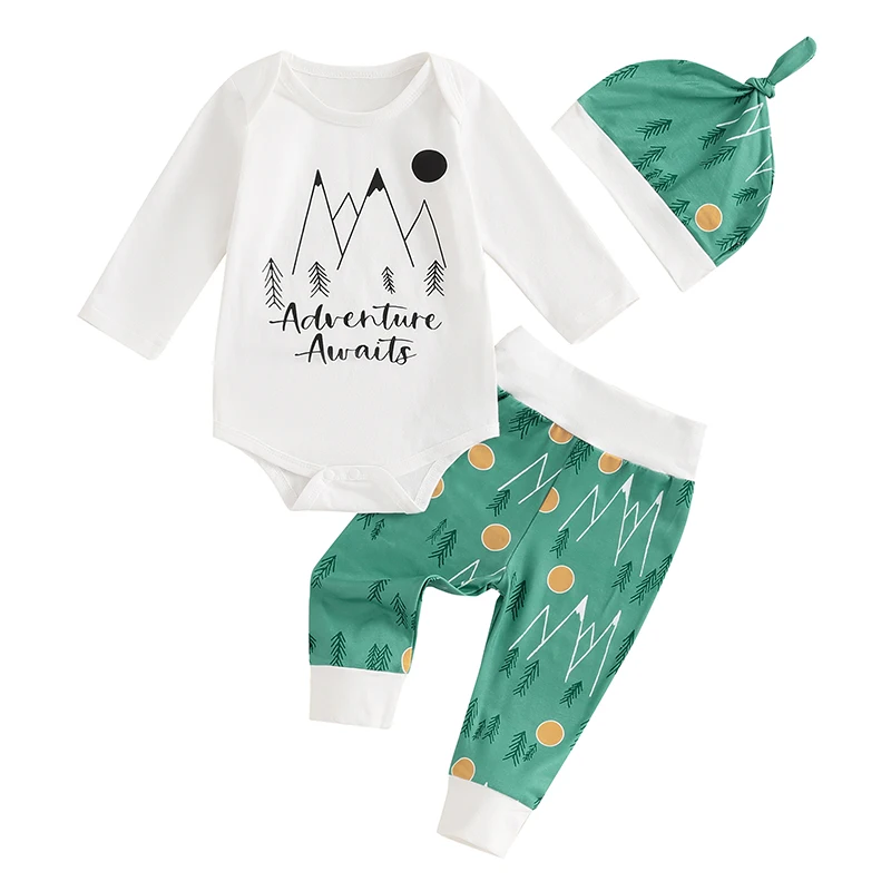 

Baby Boys 3PCS Outfit Sets Long Sleeve Letter Print Romper Mountain Print Pants Hat Sets