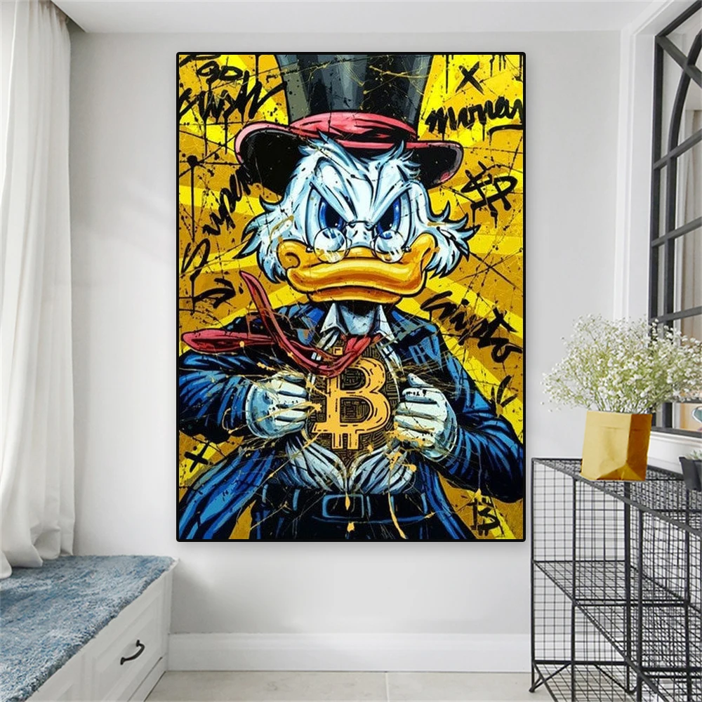 B Bitcoin Money Crypto Rain Canvas Painting Graffiti Art Wall Art Canvas Painting Poster Donald Duck Wall Street Art Decoration