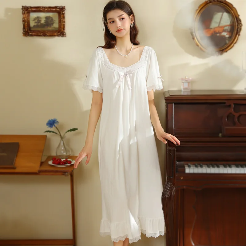 

Retro Palace Lace Long Sleepwear Women Sweet Cotton Nightgown Short Sleeve Suqare Collar Princess Pajamas Bow Loose Loungewear