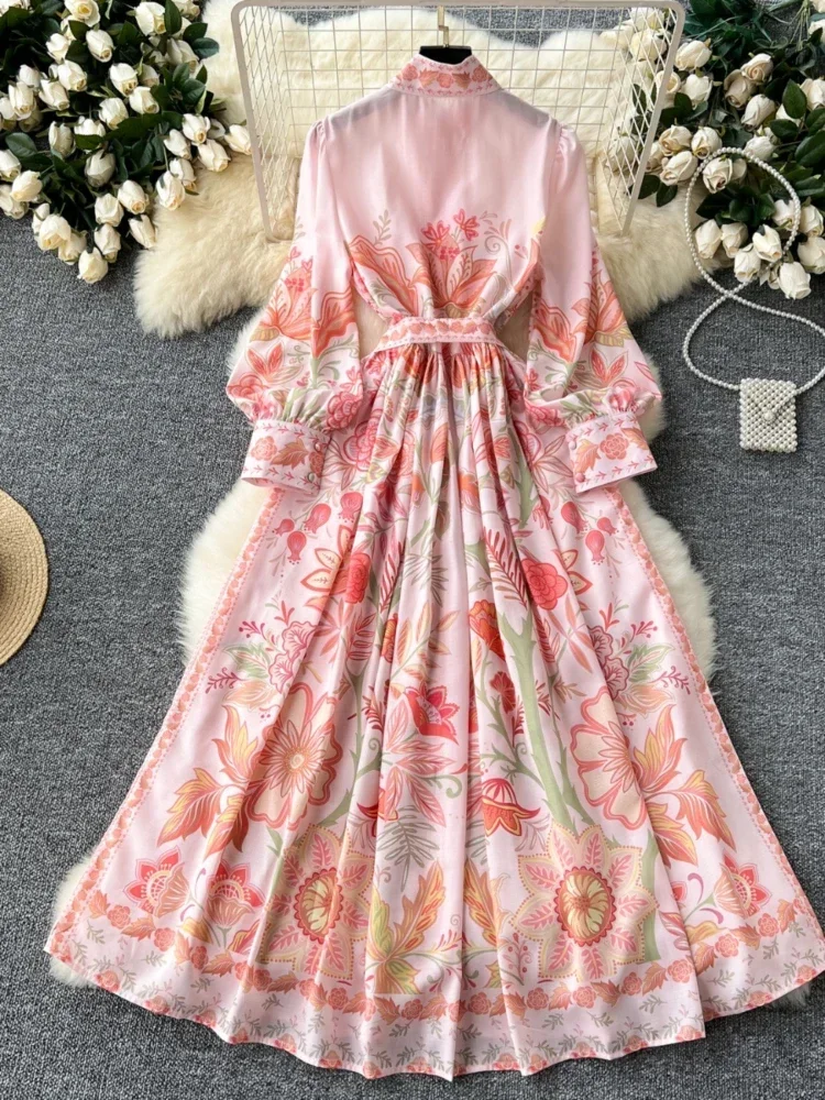 Print Lace-up Tunic Vestidos Mujer Stand Collar Lantern Long Sleeve Women Dresses Single Breasted Dress Fall Vestido 2025 Robes