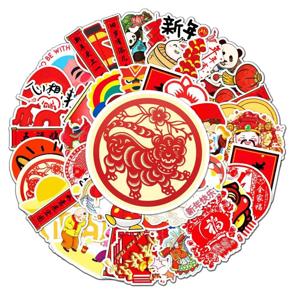 Impermeável PVC Ano Novo Chinês Adesivos Set, Cartoon Lion Dance Spring Festival, PVC decalques para a tampa do telefone