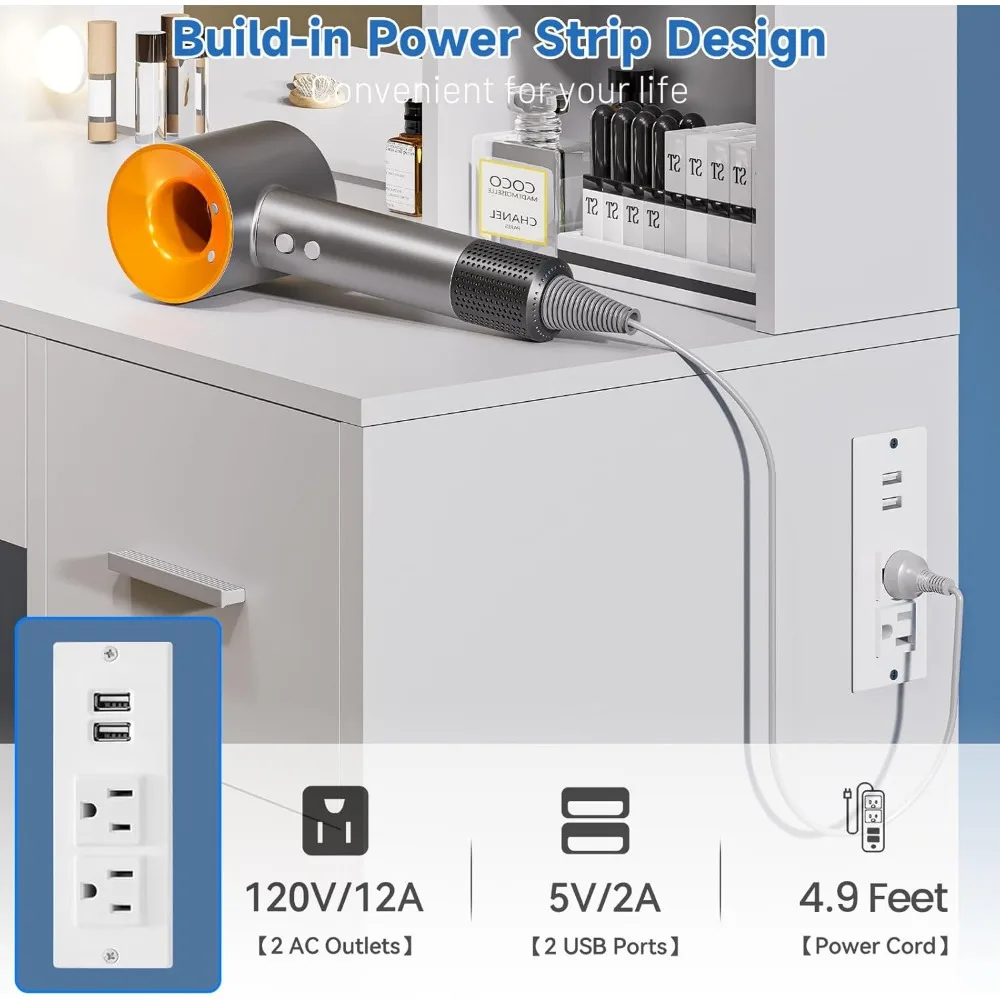 مكتب زينة كبير مع مرآة و10 مصابيح، طاولة زينة للمكياج مع مخرج طاقة، 7 أدراج و6 أرفف تخزين، فاني مكياج #6