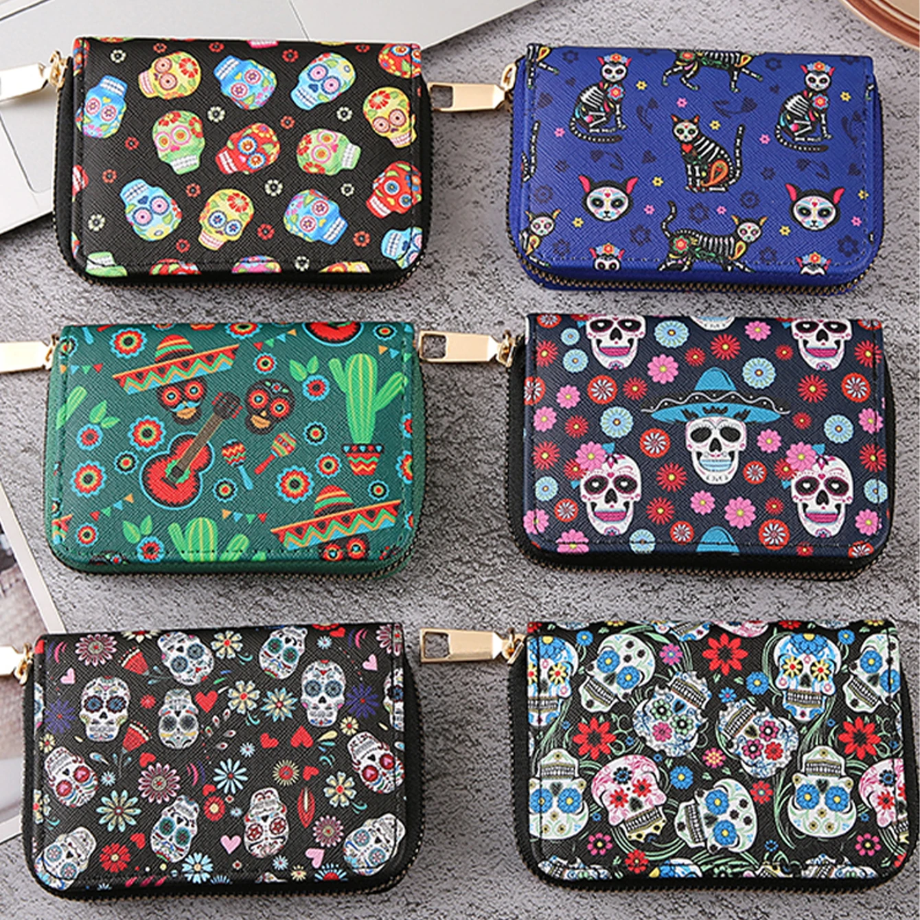 Women\'s Vintage Style Spacious Gothic Skull Bag Zero Wallet Card Bag Safe Zipper Multiple Card Slots