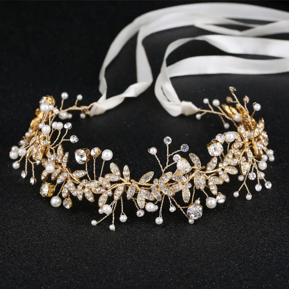 

New Crystal Flower Headband Ribbon Bow Hairband for Bride Wedding Hair Accessories Pearl Head Flower Headbands for Women